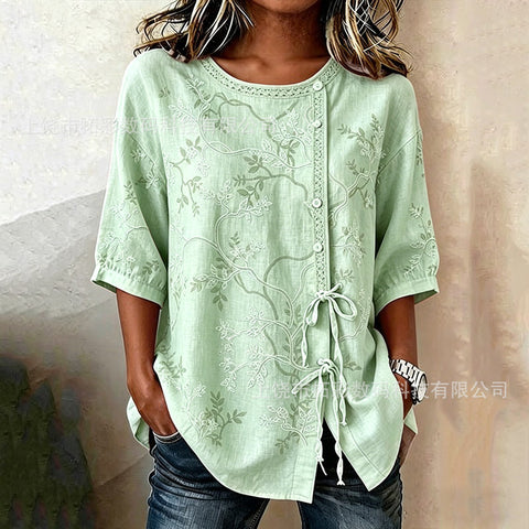Temperament women's long-sleeved shirt printed top lace-up shirt m302925