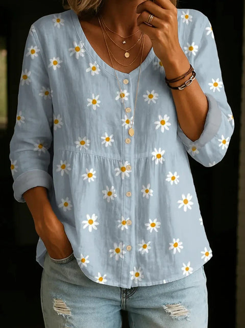 Crew Neck Women's Floral 3D Printed Women's Henley Shirt m302611