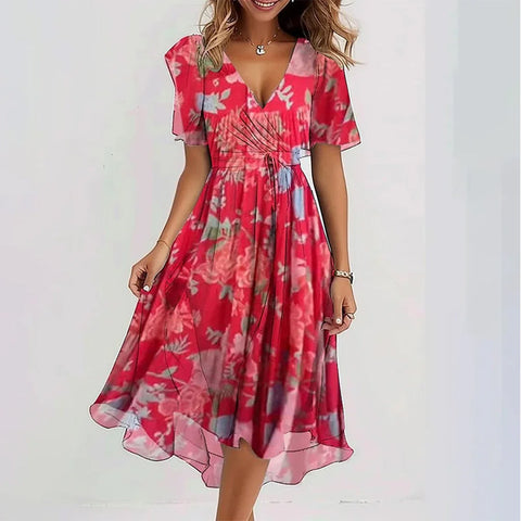 Loose casual comfortable V-neck floral dress m302907