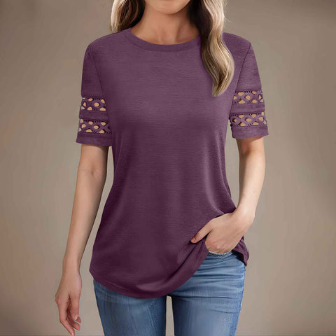 Summer new lace splicing short-sleeved t-shirt crew neck top m301942