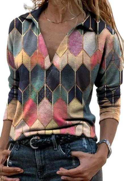 Women's V-neck women's top geometric rhombus plaid pattern T-shirt m301870