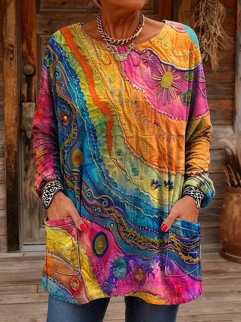 Digital printing women's fashion round neck medium and long top T-shirt m302271