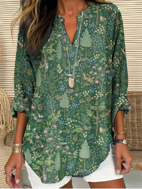 Small V-neck long-sleeved floral simple casual temperament T-shirt m302763