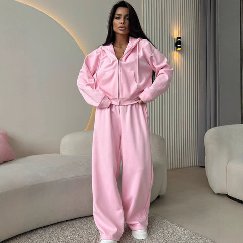 Long Sleeve Zipper Cardigan Hooded Sweater Lace-Up Pants Two-piece Cotton M301805