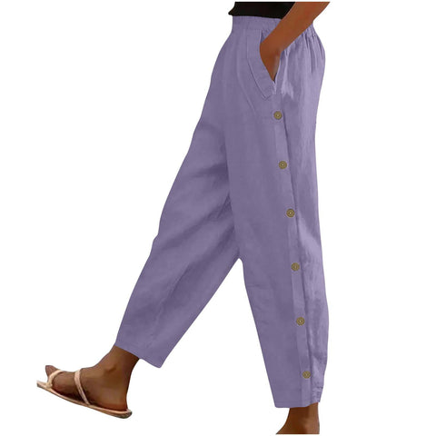 Side button pocket solid color mid-waist cotton and linen casual loose trousers m302831