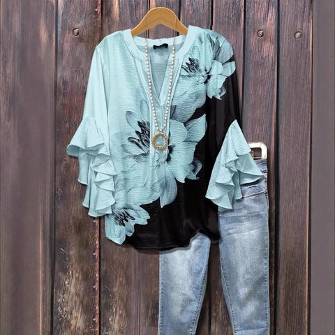 Digital printing casual trend V-neck lotus edge T-shirt women's m302725-1