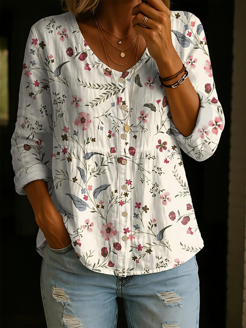 Crew Neck Women's Floral 3D Printed Women's Henley Shirt m302611