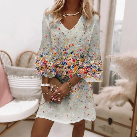 Fresh printed V-neck 3/4-sleeve mini women's dress m302854