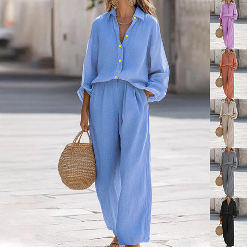 Casual lapel long-sleeved shirt trousers cotton multi-color women's suit FF303104