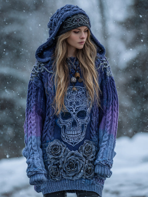 Autumn and winter loose hooded top casual shoulder retro women's printed sweater m302036