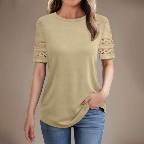 Summer new lace splicing short-sleeved t-shirt crew neck top m301942