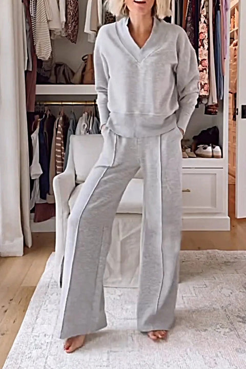 V-neck long-sleeved loose top wide-leg pants two-piece set m301327