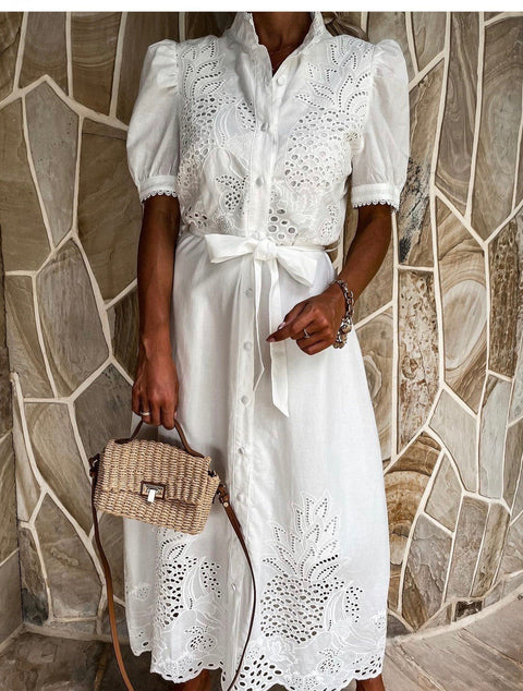 Summer new hollow short-sleeved waist pendulum dress m301880