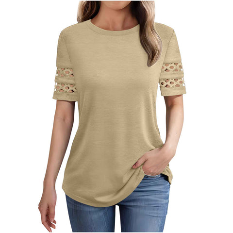 Summer new lace splicing short-sleeved t-shirt crew neck top m301942
