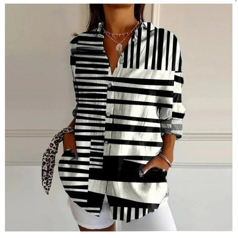 3D digital printing abstract pattern women's long-sleeved buckle linen shirt m302749-01